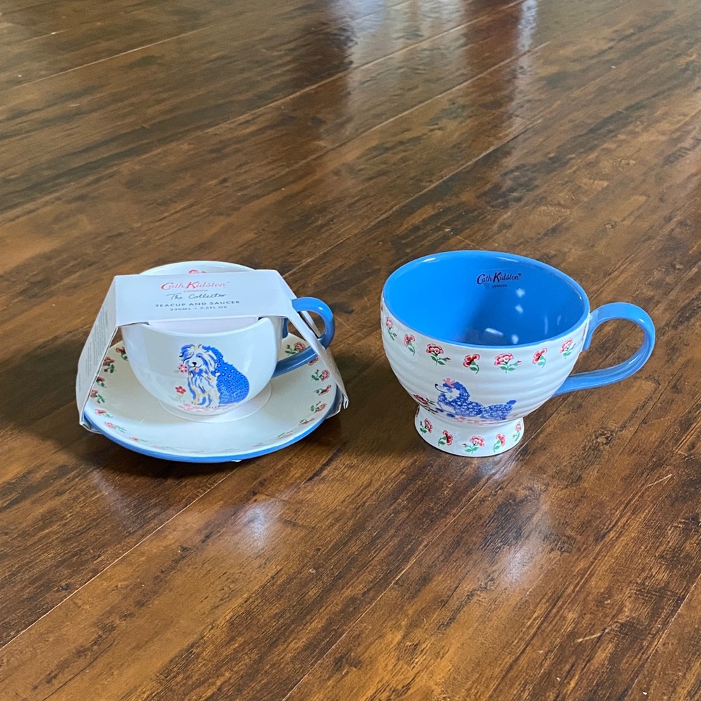 NWT Cath Kidston Blue Floral Dogs Stoneware Teacup & Saucer Set + 11.5 FL OZ MUG